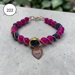 Pink Jade Bracelet with Love Heart Charm, Handmade Gemstone Bracelet